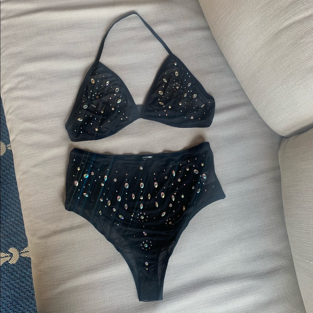 Sheer Black and Rhinestone Lingerie Set